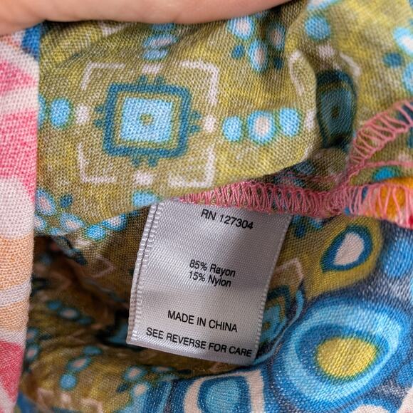 John Mark Button Top 2X 2XL Multicolor Patchwork Floral Pink Blue Colorful Artsy - Picture 14 of 15